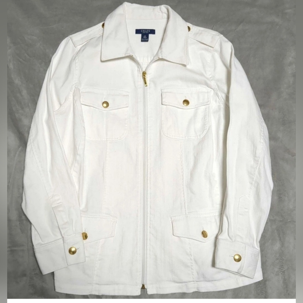 Chaps Denim Jacket Zip Pockets Epaulettes Gold Buttons Sz 2XL